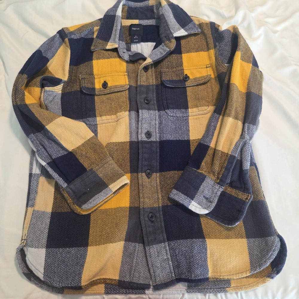 GapKids Boys Yellow Navy Plaid Flannel Shirt Herringbone 90s Streetwear S 6-7